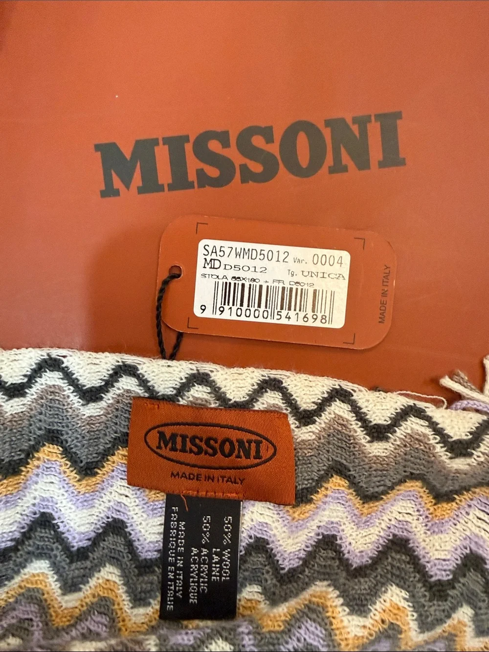 Authentic Missoni Zigzag Knit Scarf in Black, Gray, Brown, Gold & Purple